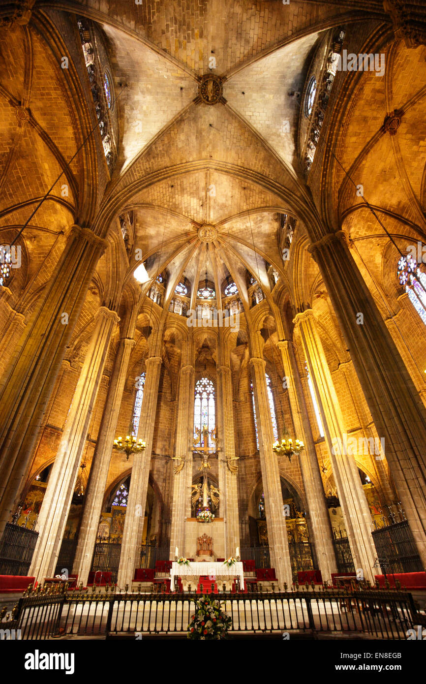 Vista dell'interno della Cattedrale di Santa Croce e di Santa Eulalia, Barcellona, Spagna Foto Stock