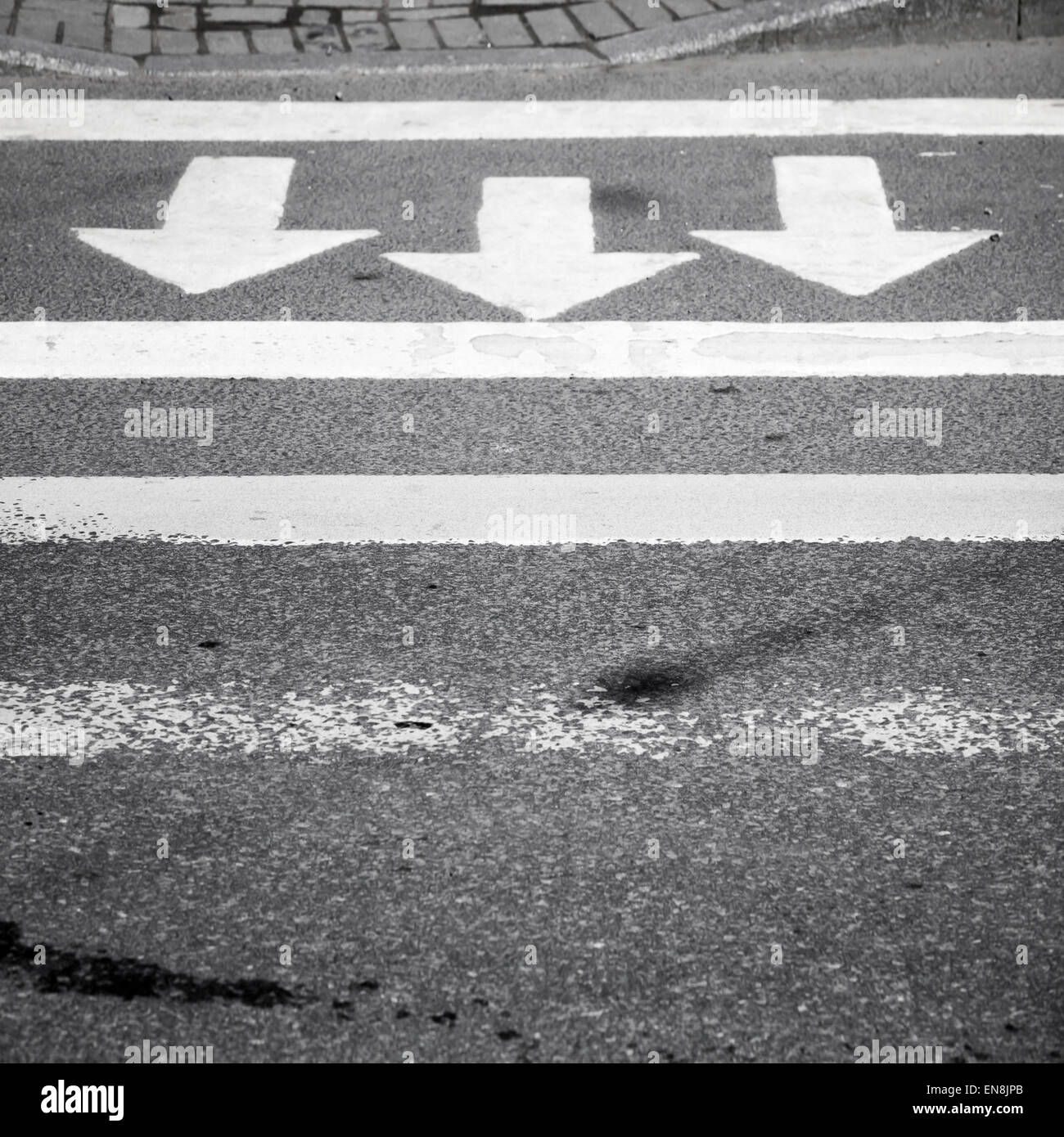 Frecce bianche e le linee sul grigio scuro strada asfaltata, attraversamento pedonale la segnaletica stradale Foto Stock