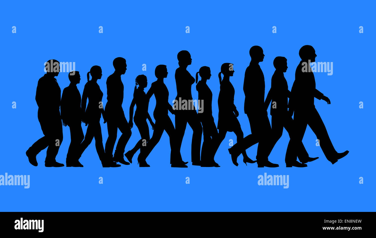 Gruppo di persone che camminano sagome isolati su sfondo blu. Lavoro come un concetto di squadra. Foto Stock