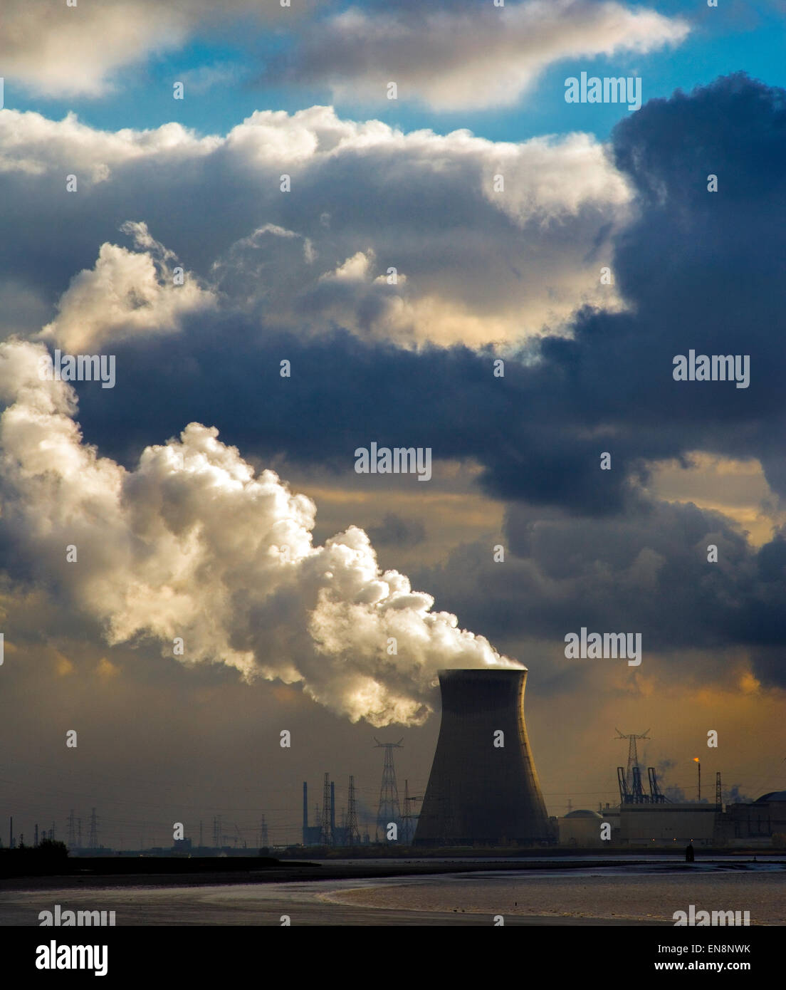 Torri di raffreddamento di Doel Belgio impianto nucleare Doel nel porto di Anversa vista sul fiume Schelda sotto il cielo drammatico Foto Stock