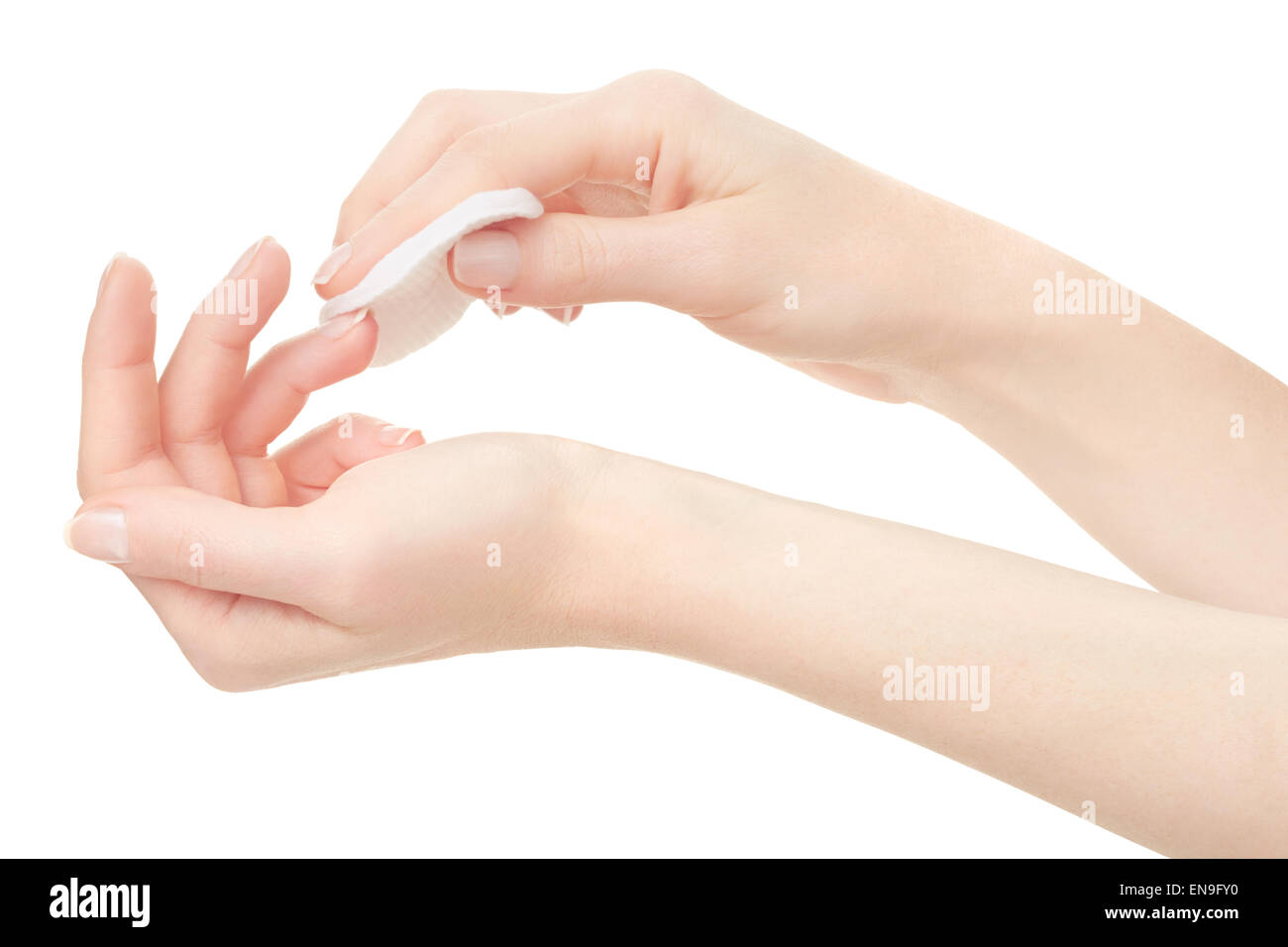 Donna mano e smalto per unghie remover, acetone Foto Stock