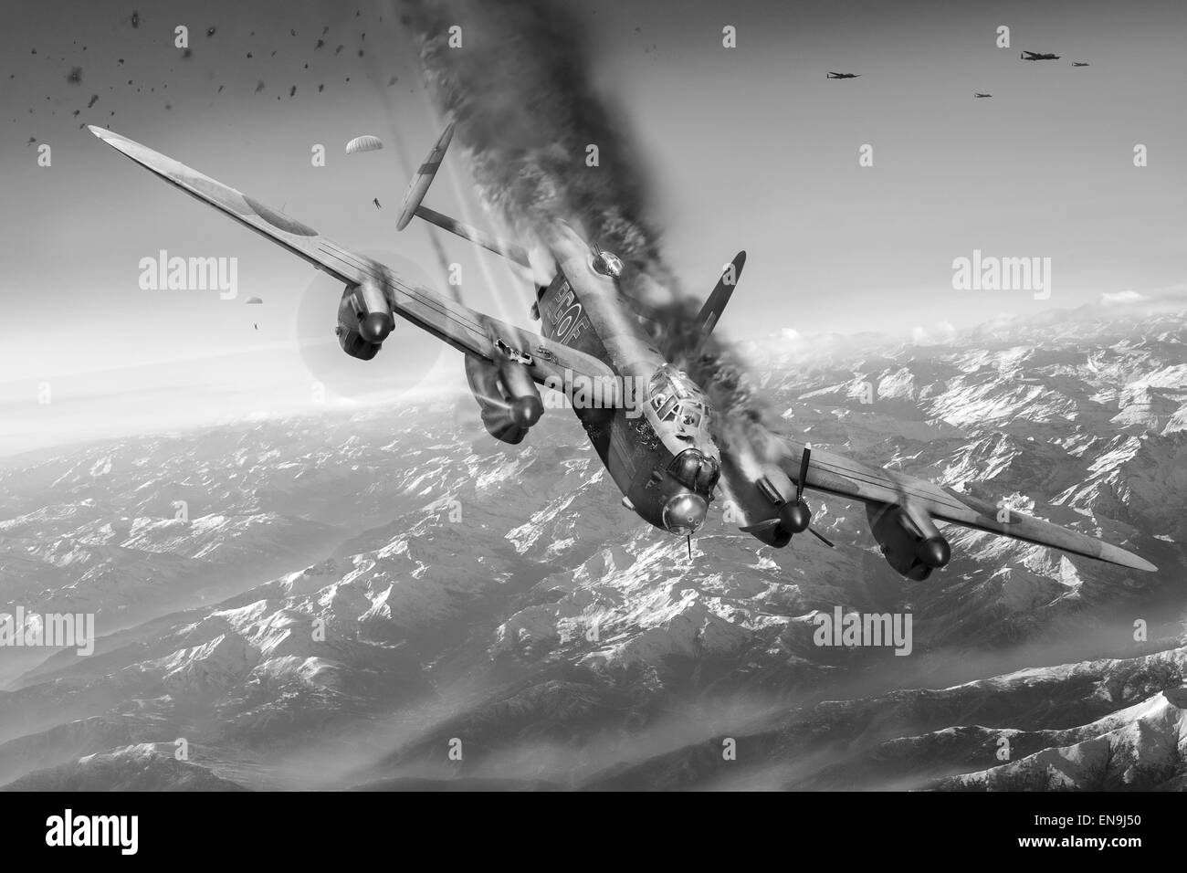 Il tiro giù in fiamme di Lancaster LM756, PG-F di n. 619 Squadrone RAF il 25 aprile 1945 su Berchtesgaden. Foto Stock