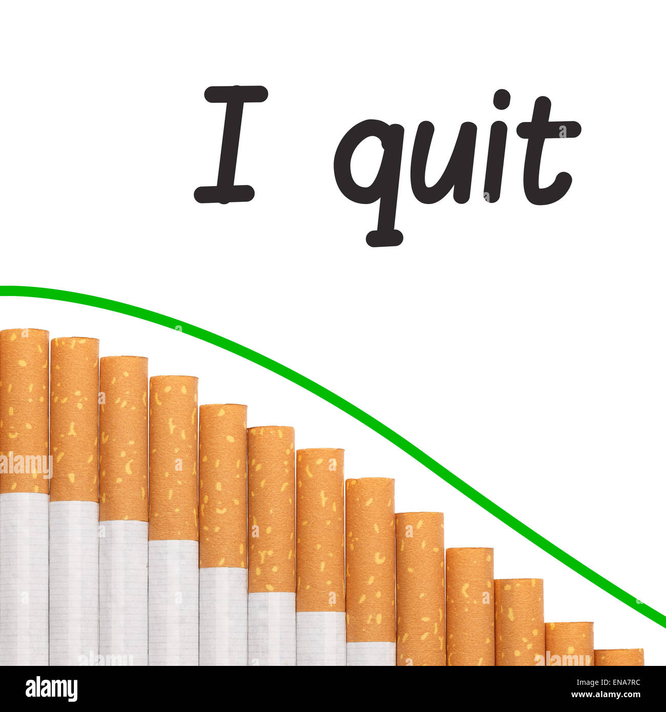 Smettere di fumare il testo con un grafico di sigarette e un rosso verso il basso della linea di tendenza. Foto Stock