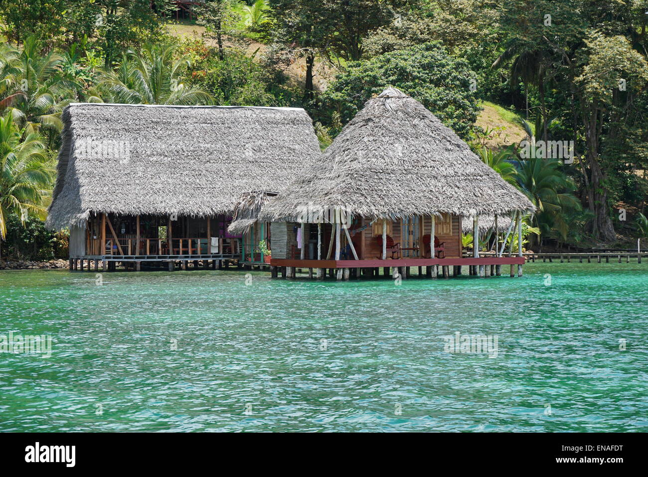 Tropical ecolodge sull'acqua con tetto di paglia realizzato da foglie di palme, Costa Caraibica di Panama, America Centrale Foto Stock