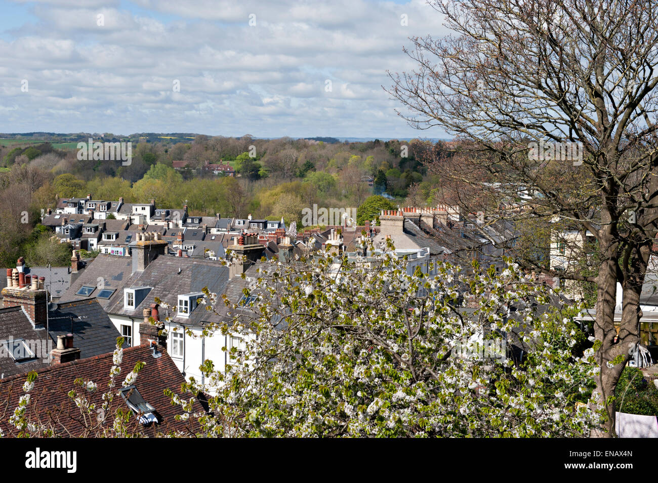 Vista di Lewes, East Sussex sui tetti Foto Stock