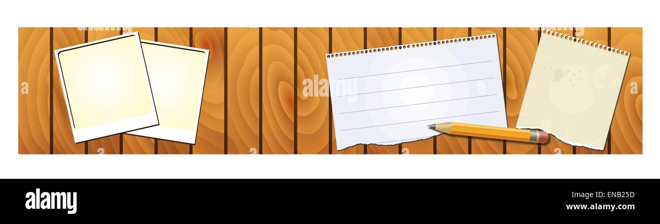 Illustrazione Vettoriale del banner texture di legno con notepad matita Illustrazione Vettoriale