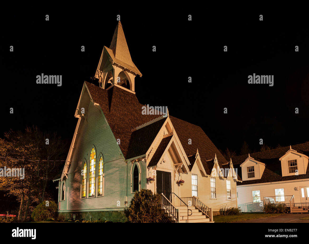 Chiesa esterno di notte, Tremont, Maine, Stati Uniti d'America Foto Stock