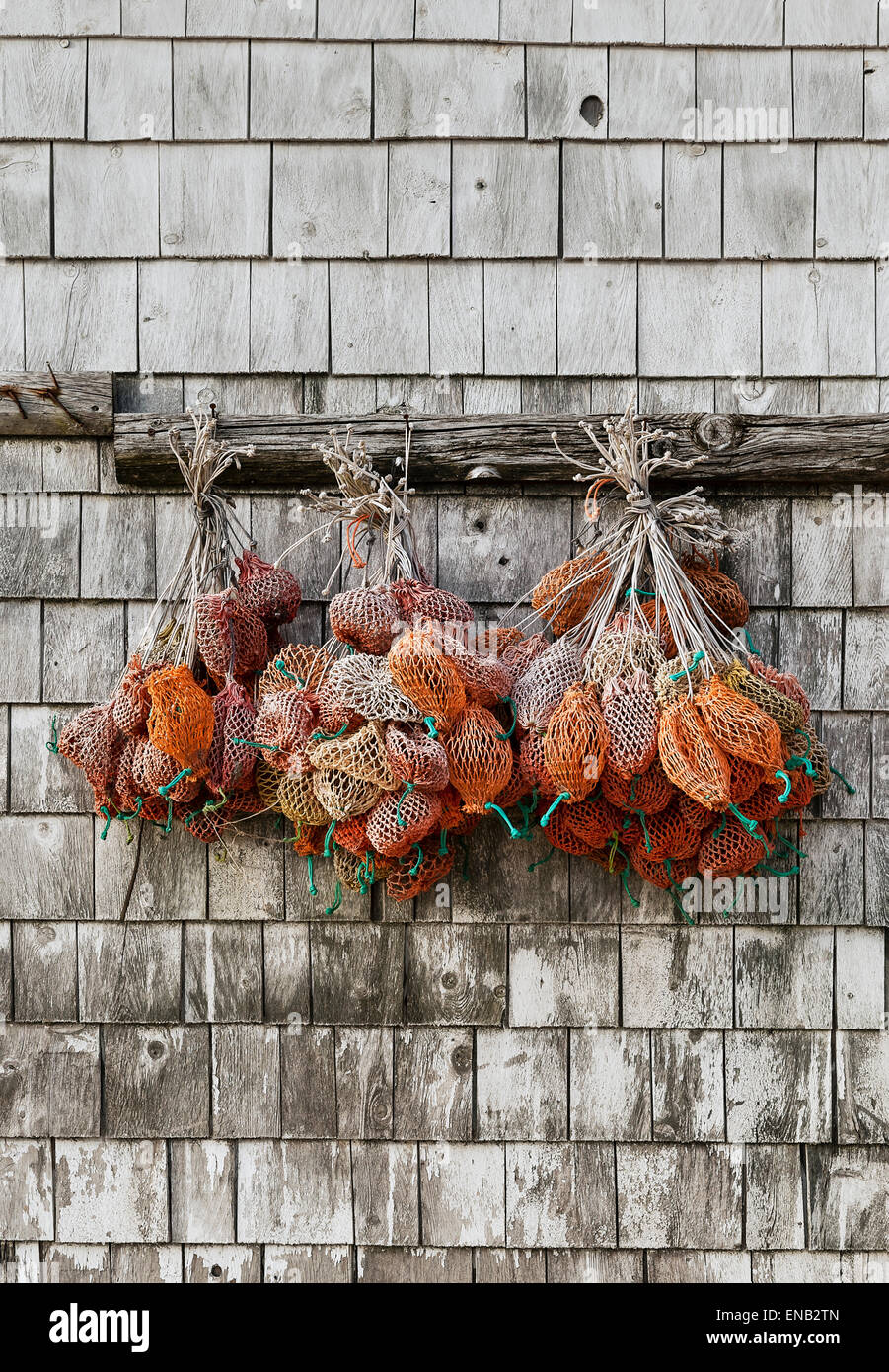 Aragosta sacchetti esca appendere su un lato del dock shed, Bass Harbor Maine, Stati Uniti d'America Foto Stock