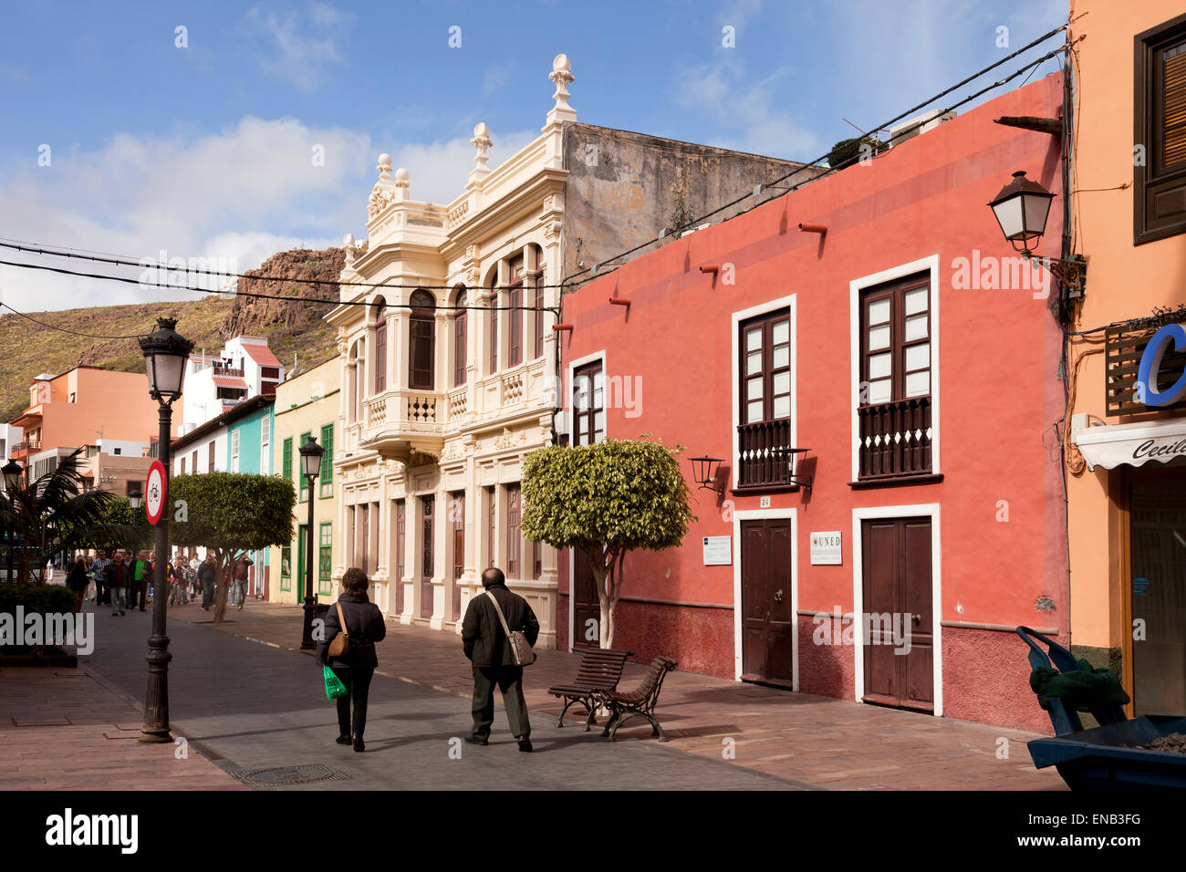 Zona pedonale di Calle Real, isola capitale San Sebastian de La Gomera, La Gomera, isole Canarie, Spagna, Europa Foto Stock