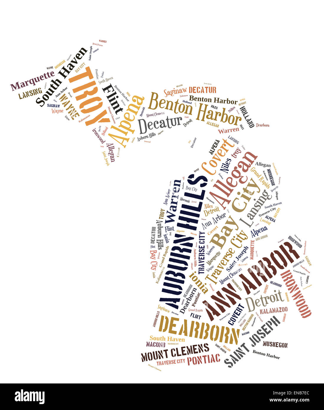 Nuvola di parole nella forma del Michigan che mostra alcune delle città nello stato Foto Stock