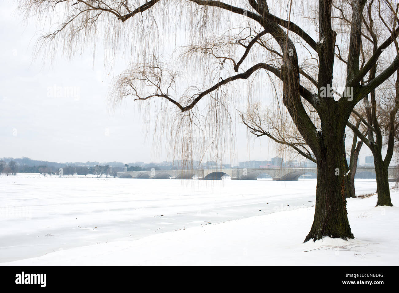 Potomac River Frozen Arlington Memorial Bridge Washington DC // WASHINGTON DC - il fiume Potomac giace ghiacciato e coperto di neve a seguito di una tempesta invernale nella capitale della nazione. L'Arlington Memorial Bridge, che collega Washington DC ad Arlington, Virginia, si estende lungo il canale ghiacciato in lontananza. Il ponte neoclassico, completato nel 1932, funge da collegamento simbolico tra il Nord e il Sud e fornisce un percorso diretto tra il Cimitero Nazionale di Arlington e il Lincoln Memorial. Le tempeste invernali causano occasionalmente il congelamento del Potomac, anche se il completo congelamento del fiume ha un becom Foto Stock