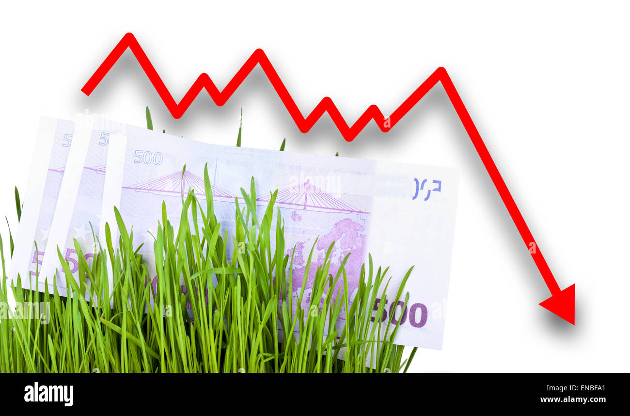 In crescita di Euro denaro contante in erba verde. La caduta di freccia verso il basso Foto Stock