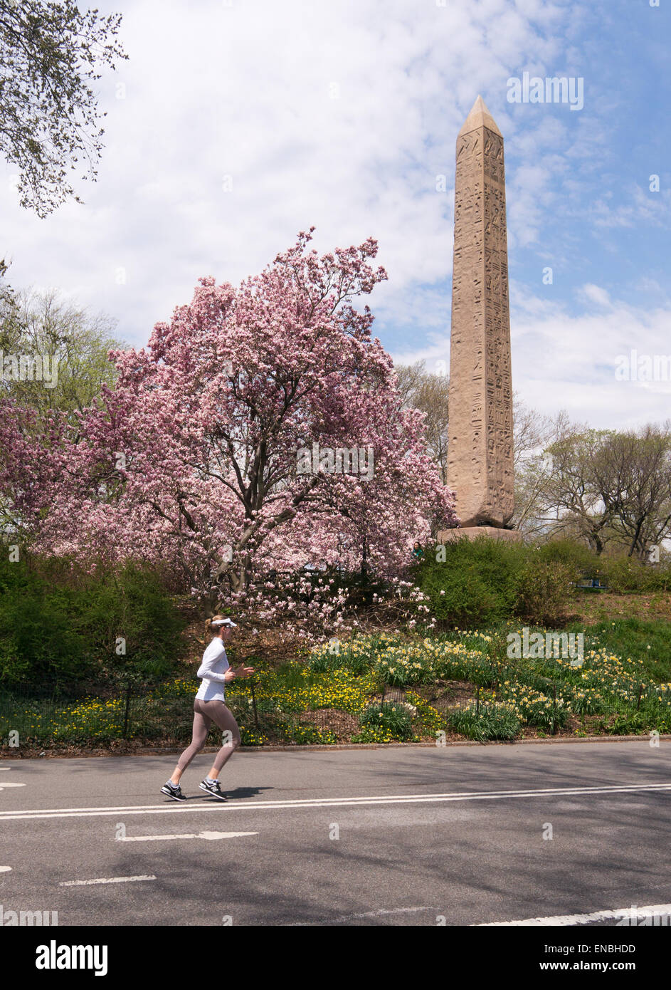 Vista la primavera di donna jogging passato l'Obelisco Egiziano a Central Park, New York, Stati Uniti d'America Foto Stock