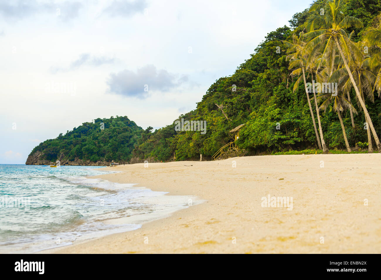 Verde isola tropicale con palme su giallo la spiaggia di roccia con pietre in mare blu, Filippine Boracay Island Foto Stock
