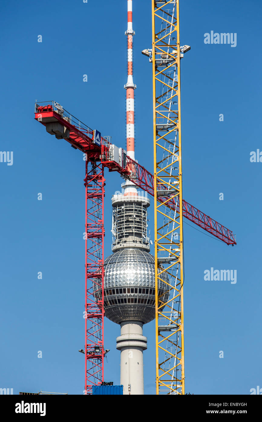 La torre della televisione di Berlino, gru da cantiere Foto Stock