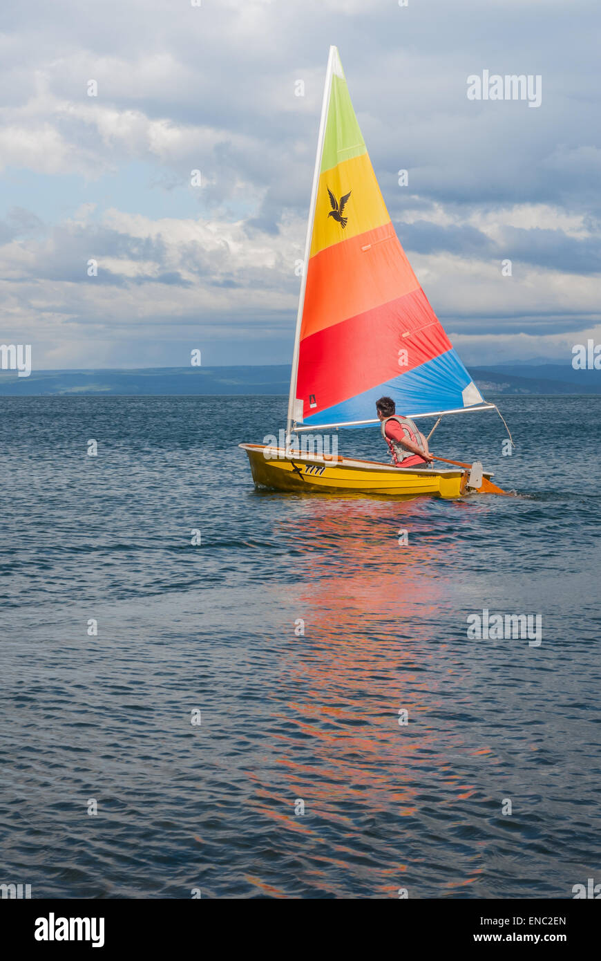 Colorate yacht a vela o in gommone sul Lago Taupo, Nuova Zelanda Foto Stock