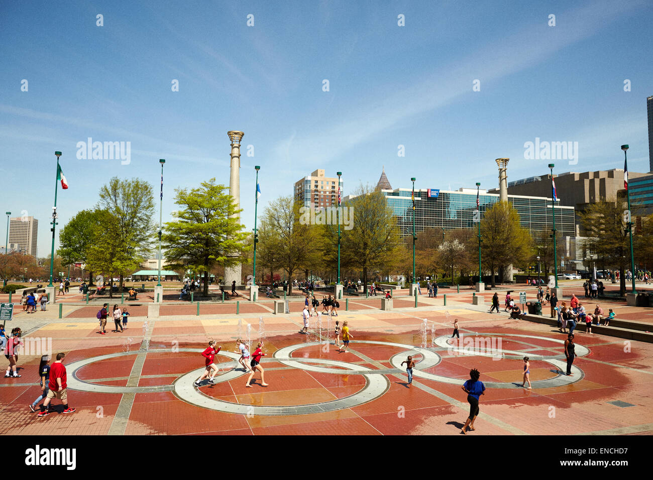 Downtown Atlanta in Georga USA FOTO:il Centennial Olympic Park e il tasto funzione del parco è la Fontana di anelli di Crans-Montana Foto Stock