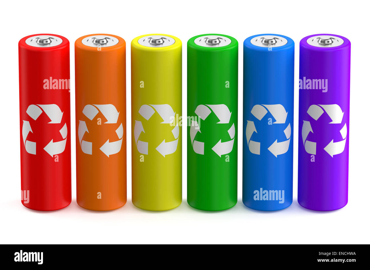 Fila da multicolori di riciclare le batterie tipo AA Foto Stock