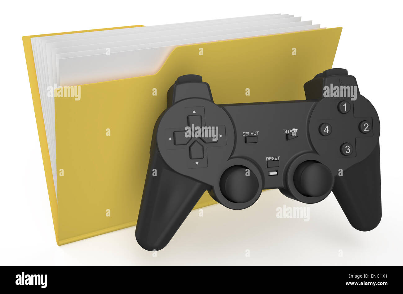 La cartella gialla con il gamepad isolati su sfondo bianco Foto Stock