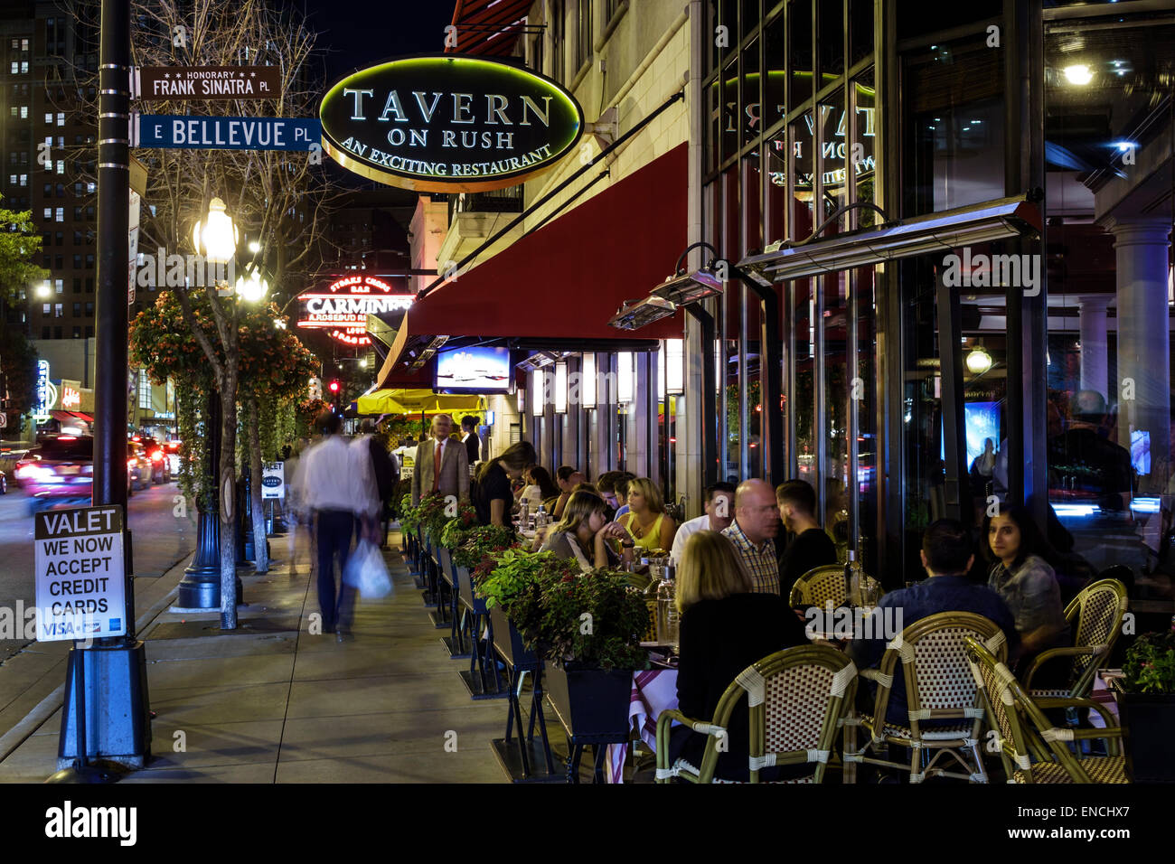 Chicago Illinois, Gold Coast Historic District, quartiere, serata notturna, ristoranti, Tavern on Rush, ristorante ristoranti, ristoranti, ristoranti, caffè, al fresco Foto Stock