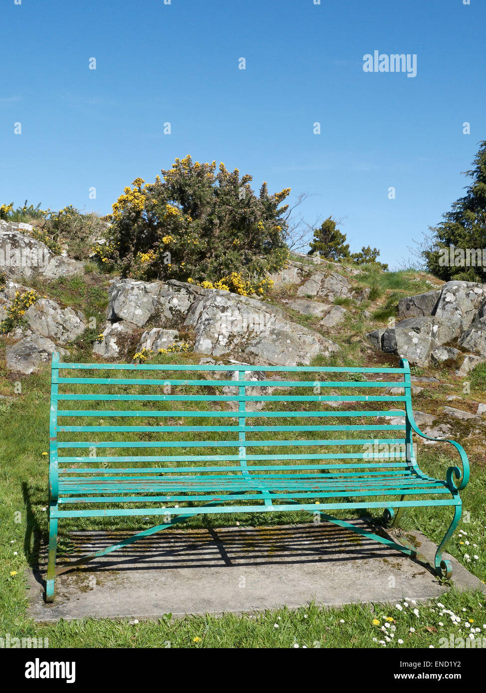 Green banco di metallo in campagna REGNO UNITO Foto Stock