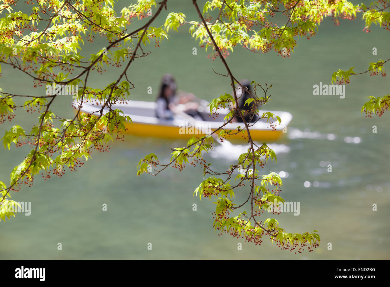 Lakeside scene in primavera - giovani ragazze a una barca a remi Foto Stock