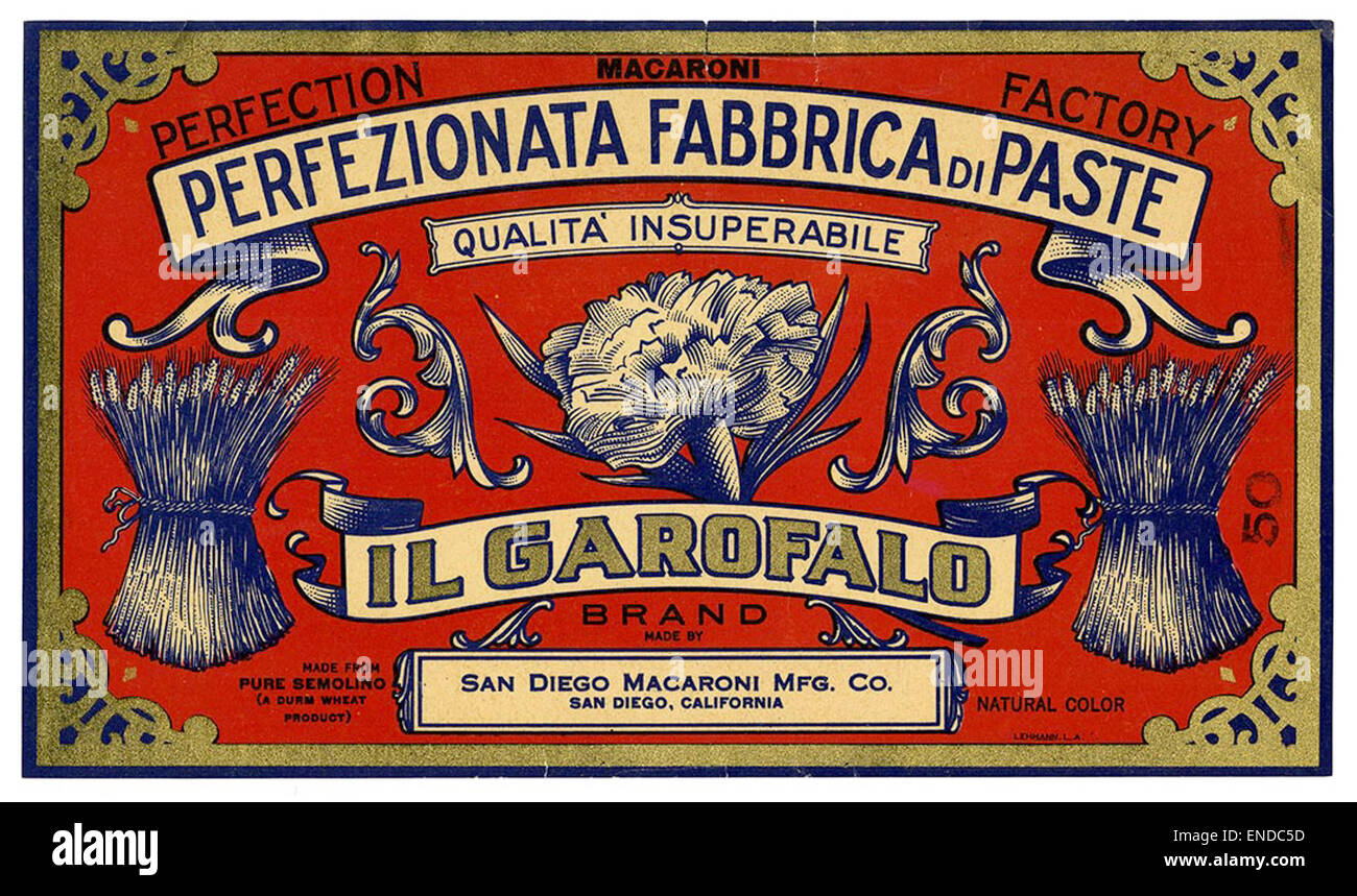 L'etichetta dei macaroni presenta il marchio il Garofalo, prodotto da Lehmann Printing e Lithographing Co., che rappresenta lo storico design del packaging per i prodotti di pasta dei primi anni del XX secolo. Foto Stock