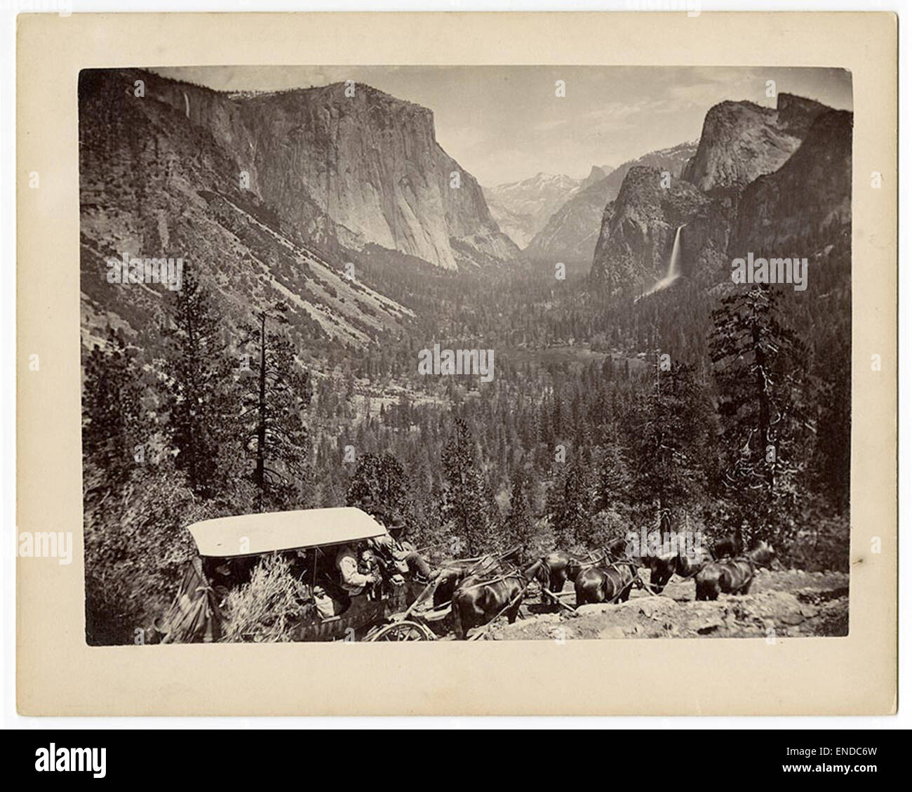 Questa fotografia storica mostra una carrozza trainata da cavalli che viaggia lungo un sentiero nella Yosemite Valley, California. L'immagine riflette i primi metodi di trasporto nel Parco Nazionale, prima dell'uso diffuso delle automobili, che mostra la bellezza panoramica della valle. Foto Stock