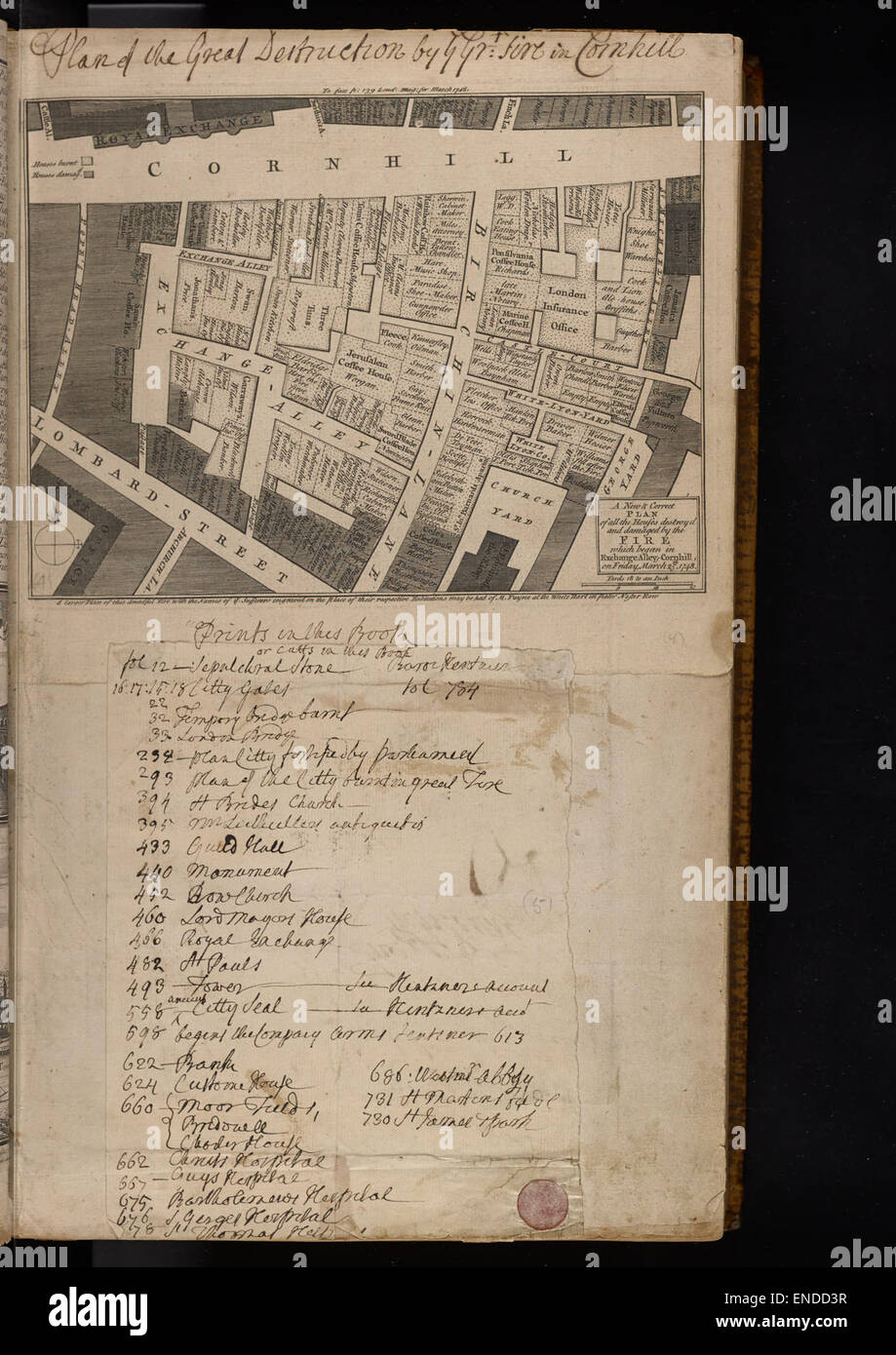 Questa mappa storica descrive in dettaglio la distruzione causata dall'incendio di Exchange Alley, Cornhill, Londra, il 25 marzo 1748. Fornisce un resoconto preciso dei danni agli edifici e dell'impatto sull'area durante il XVIII secolo. Foto Stock