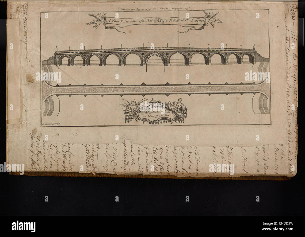 Questa pianta dettagliata e l'elevazione per la costruzione del ponte Blackfriars ne mostrano il design architettonico. Il lavoro di Lancelot Dowbiggin cattura gli aspetti tecnici e le caratteristiche del ponte che verrà costruito sul Tamigi. Foto Stock