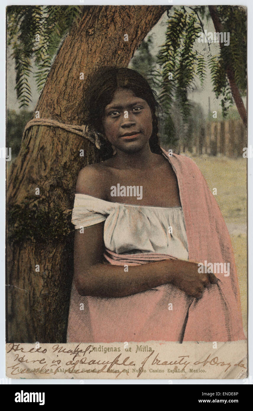 Questa opera d'arte rappresenta le donne indigene di Mitla, mostrando il loro abbigliamento tradizionale e il loro patrimonio culturale. Il pezzo sottolinea l'importanza delle comunità indigene nella storia del Nord America e le loro ricche tradizioni. Foto Stock