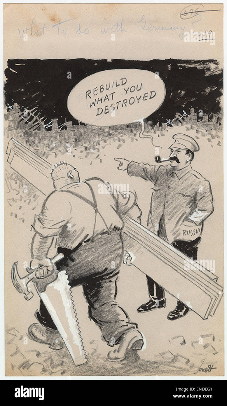 Questo cartone animato, "cosa fare con la Germania”, dell'era della seconda guerra mondiale, presenta una rappresentazione satirica del ruolo di Stalin nell'Europa del dopoguerra. Mette in evidenza il dibattito politico internazionale sul destino della Germania dopo la guerra, usando martelli e seghe per rappresentare la ricostruzione e la divisione. Foto Stock