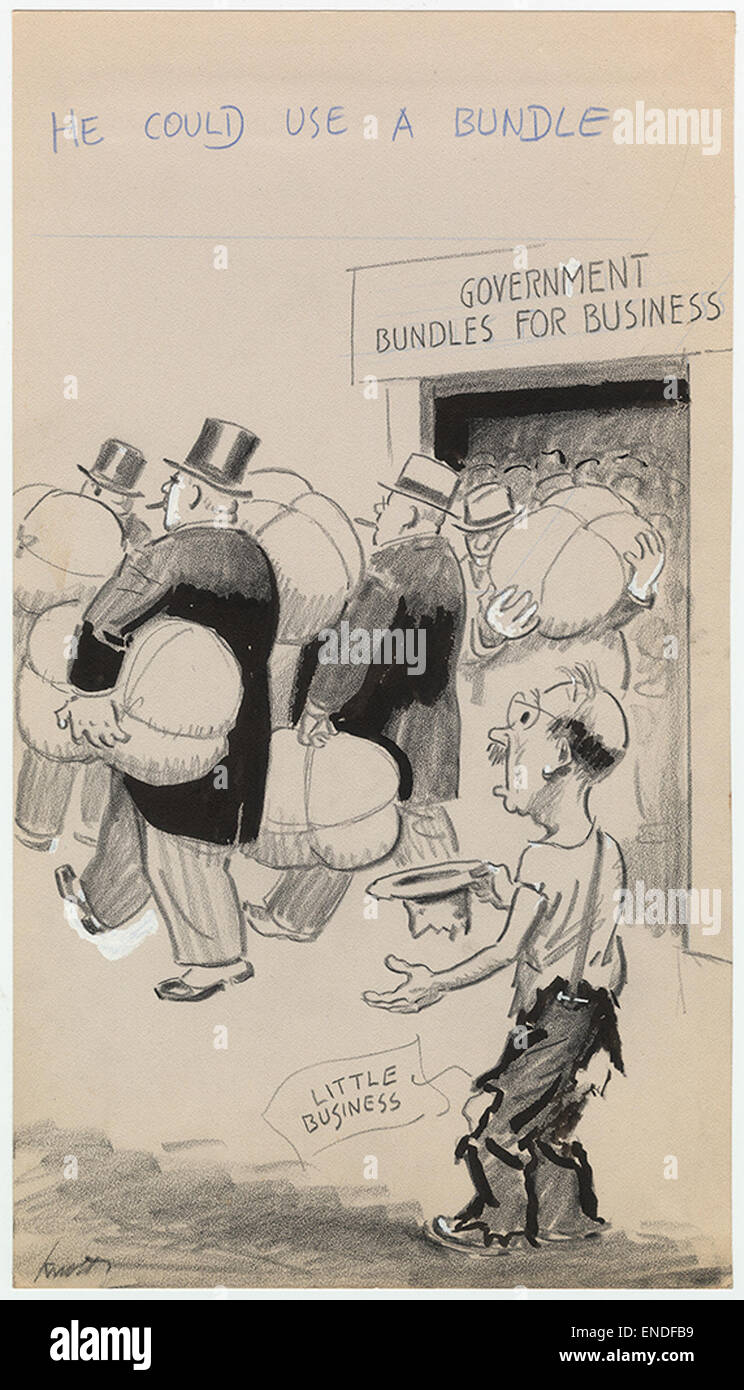 Questo cartone animato politico critica umoristicamente le lotte delle piccole imprese di fronte all'intervento del governo, usando la satira per evidenziare le questioni economiche affrontate dagli imprenditori. Foto Stock
