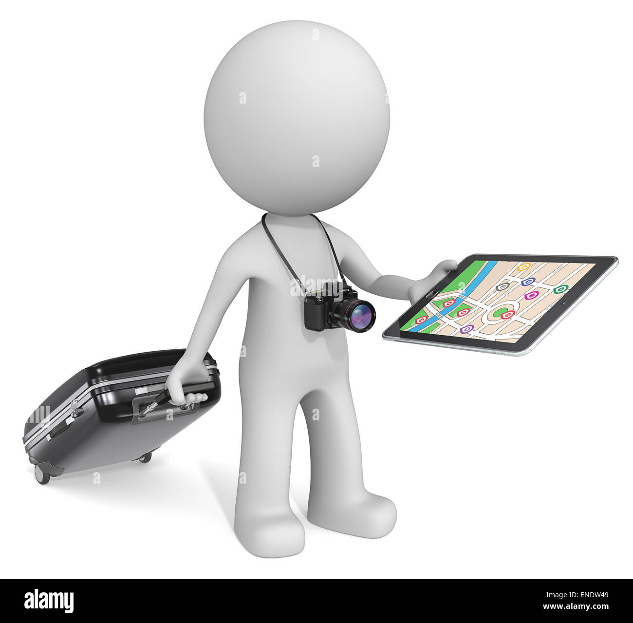 Il tizio 3D carattere con fotocamera tenendo la valigia, computer tablet GPS. Foto Stock