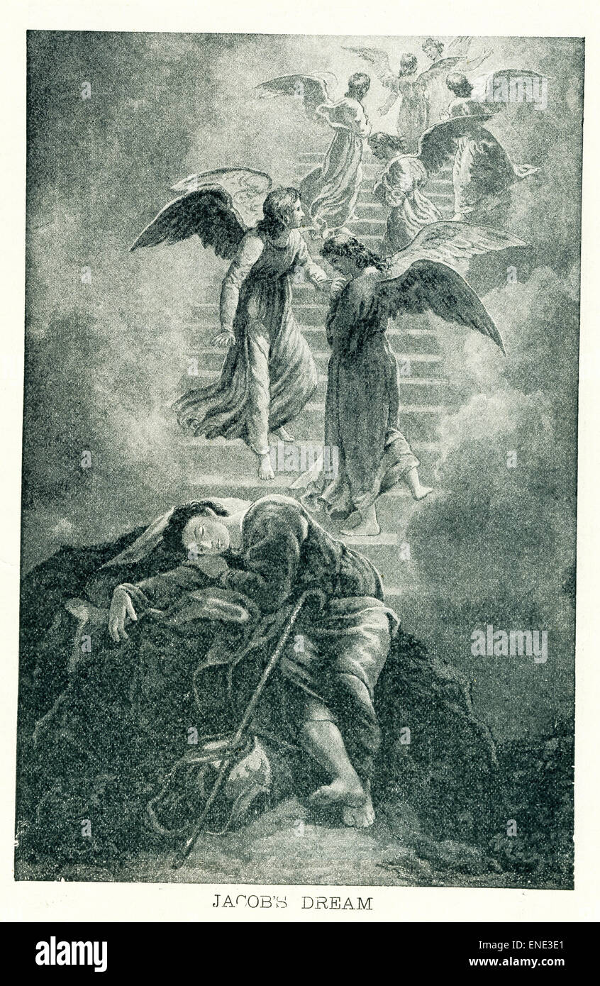 Secondo la Bibbia-effettivamente Genesi 28 (10-22), Giacobbe aveva lasciato Beersheba per Harran e fermato per la notte. Si coricò sul terreno, tenendo una pietra a mettere sotto la sua testa e si è addormentato. Sognava una scala che conduce al cielo, con angoli andando su e giù per le scale (visto in questa illustrazione). Nella parte superiore è stato il Signore che disse a Giacobbe che avrebbe dato Giacobbe e i suoi figli la terra su cui giaceva e che questi discendenti avrebbero sparsi ovunque. Giacobbe quindi impostare una città vi, chiamato Bethel. Foto Stock