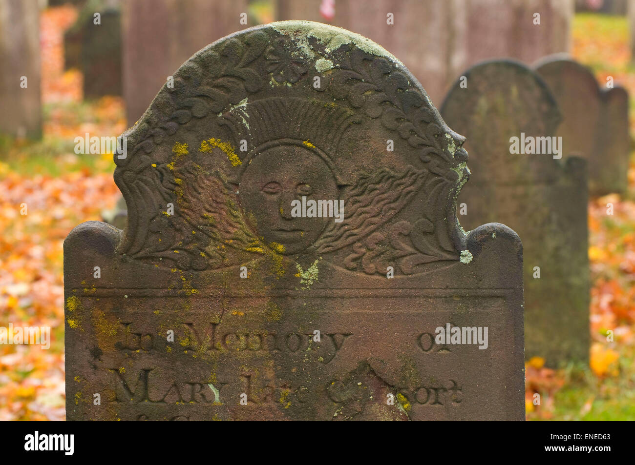 CT06185 pietra tombale, Memento Mori di seppellimento di massa, Farmington, Connecticut Foto Stock