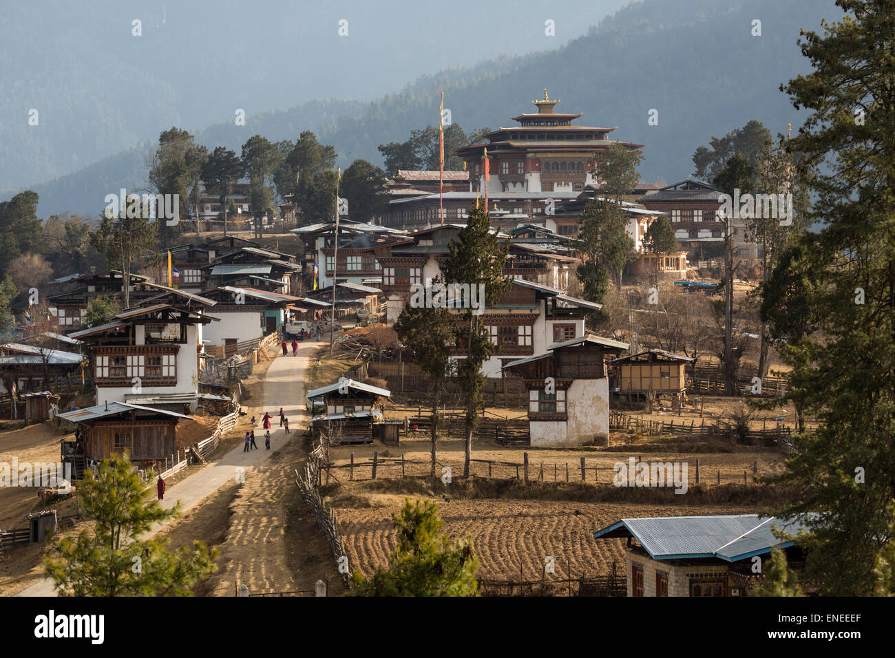 Monastero Gangtey e villaggio, Phobjiokha Valley, Western Bhutan - Asia Foto Stock