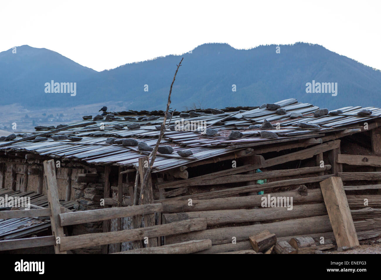 Farm shed tenuto premuto con rocce, Phobjikha Valley, Western Bhutan - Asia Foto Stock