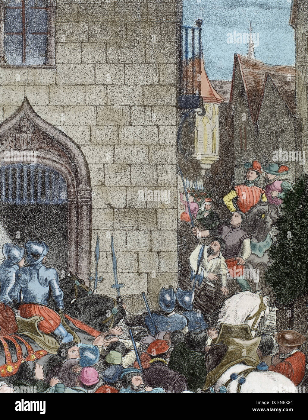 Alterazioni di Aragona. Ammutinamento di Saragozza, 1591. Incisione di Historia de Espana. Xix secolo. Colorati. Foto Stock