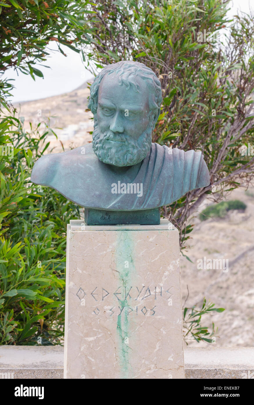 Busto di Pherecydes, un filosofo greco dell'isola di Syros, Cicladi Grecia Foto Stock