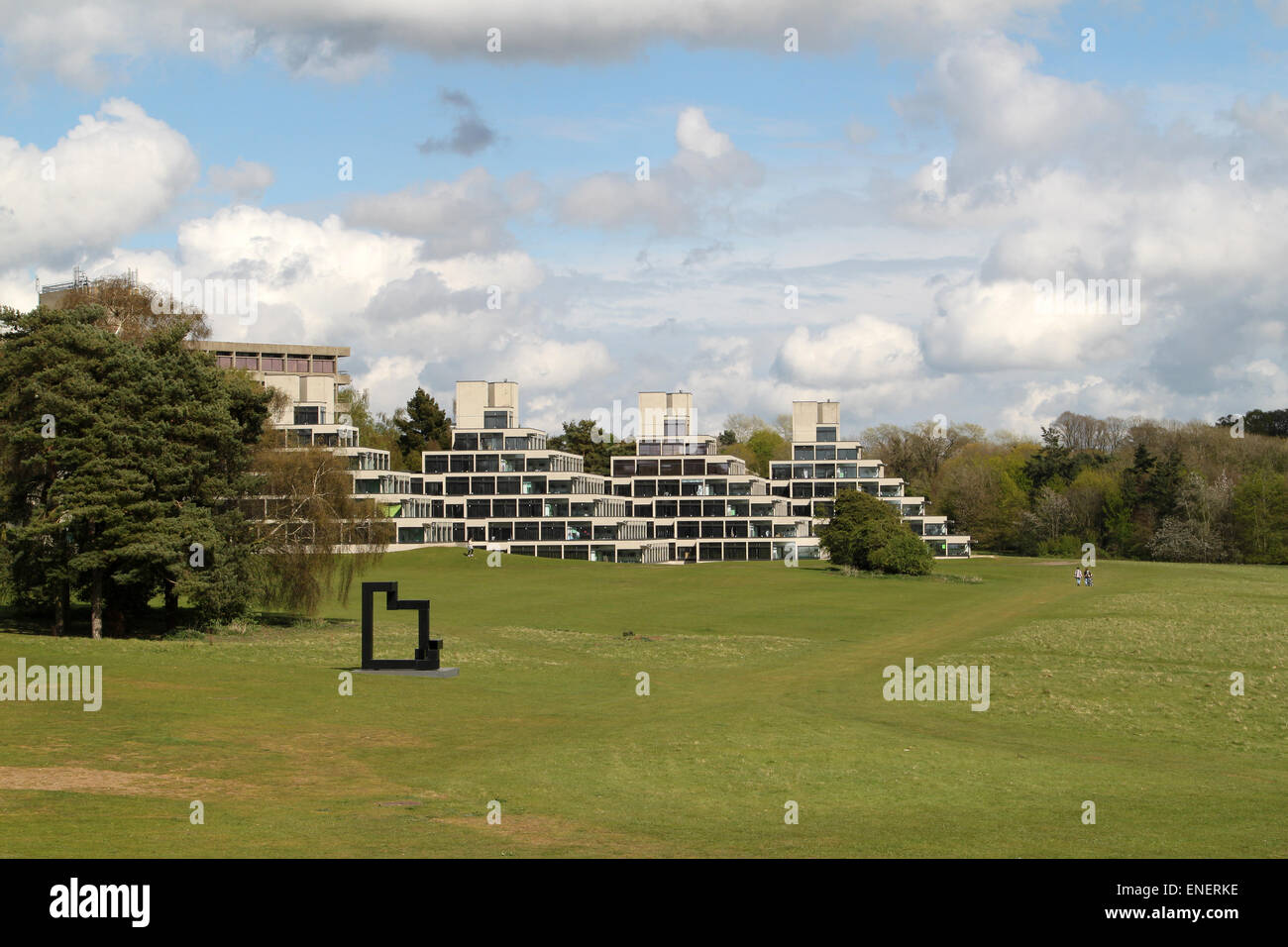 Vista esterna di edifici e parco sulle Università di East Anglia campus, Norwich, Regno Unito Foto Stock