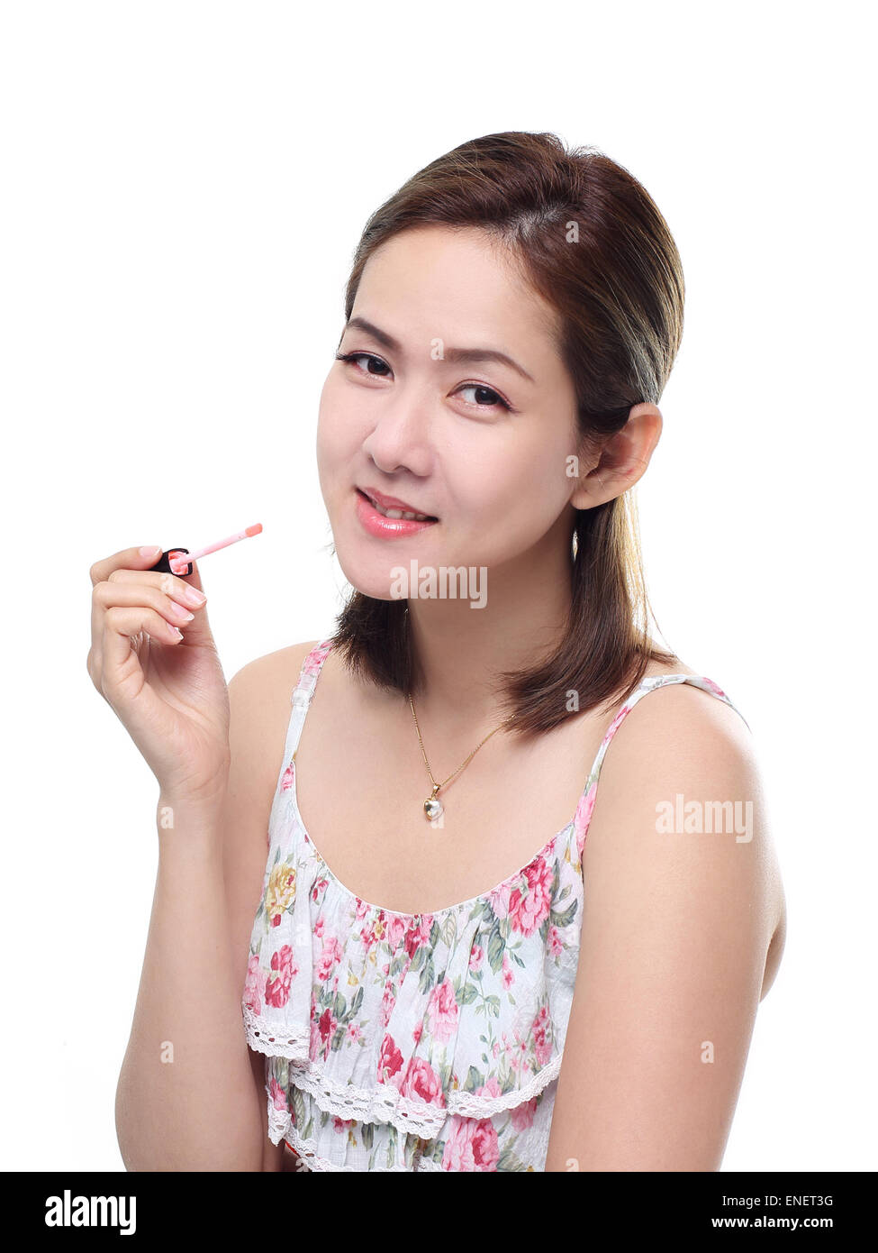 Donne Asian sorridenti con labbra gloss isolati su sfondo bianco. Bella fresca giovani asiatici modello femminile. Foto Stock