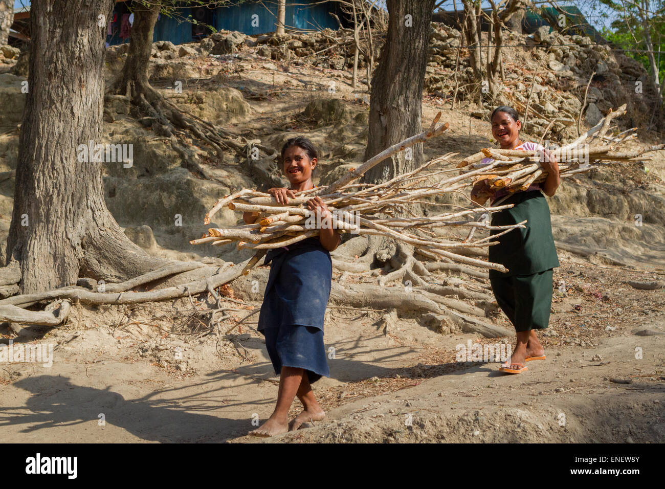 Le donne trasportano legna da ardere mentre camminano su un sentiero rurale in Kilimbatu, Kawangu, Pandawai, Sumba orientale, Nusa Tenggara orientale, Indonesia. Foto Stock