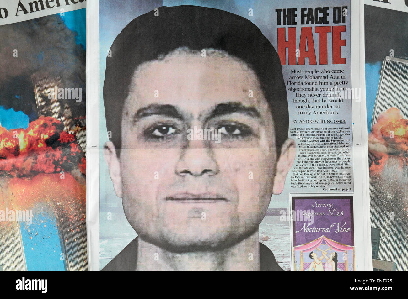 Giornali Britannici mostrano Mohamed Atta, il leader terrorista dell'11 settembre 2001 gli attacchi terroristici contro gli Stati Uniti. Foto Stock