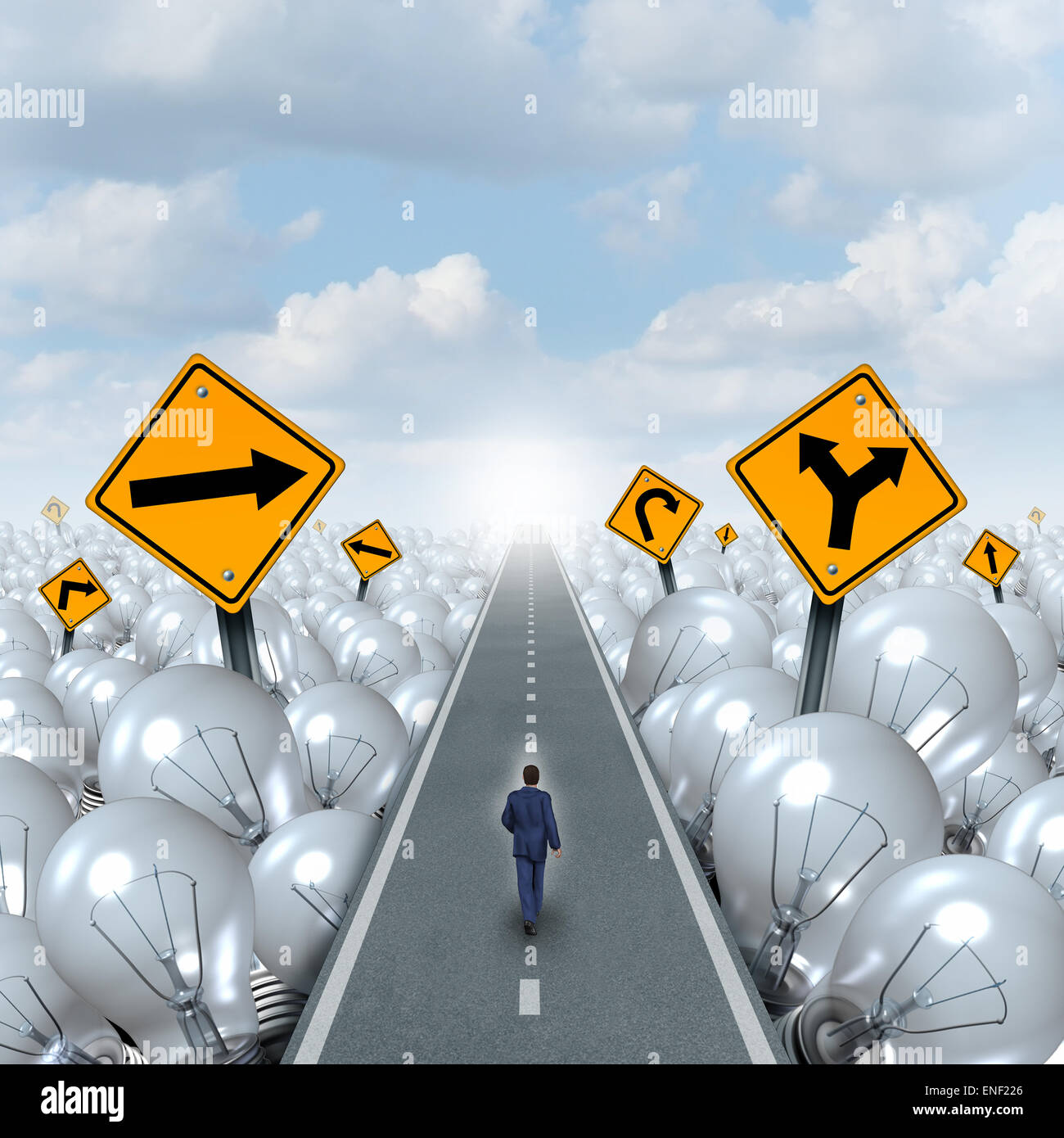 Lampadina road e Idea percorso e il percorso creativo concetto aziendale come un imprenditore a piedi attraverso una strada come una lampadina gruppo con cartelli stradali come un simbolo e metafora per il successo dell'innovazione leadership. Foto Stock