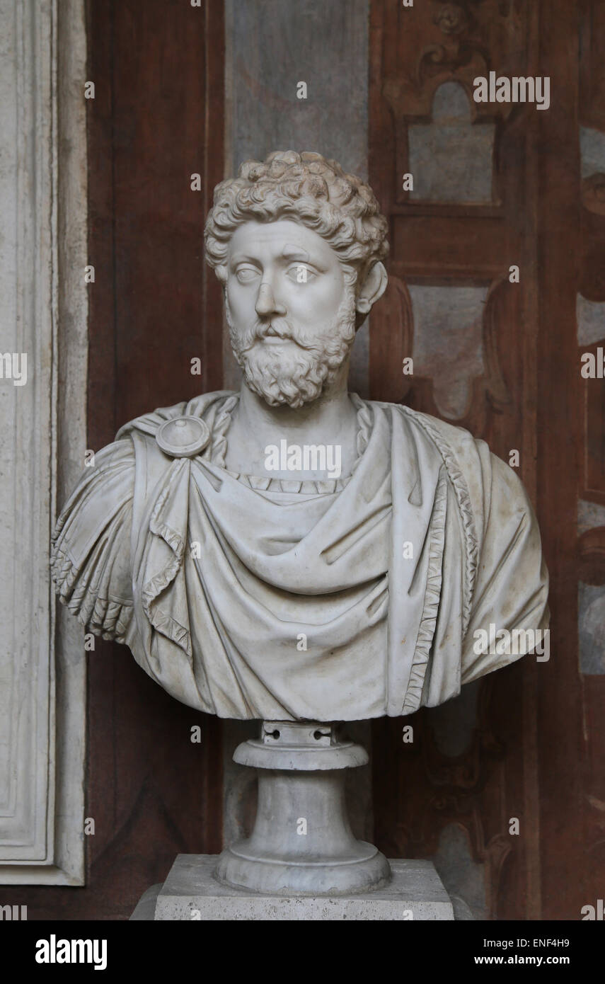 Marco Aurelio (121-180 AD). Imperatore romano da 161-180. Stoico filosofo. Antonine dinastia. Busto. Museo Nazionale Romano. Foto Stock