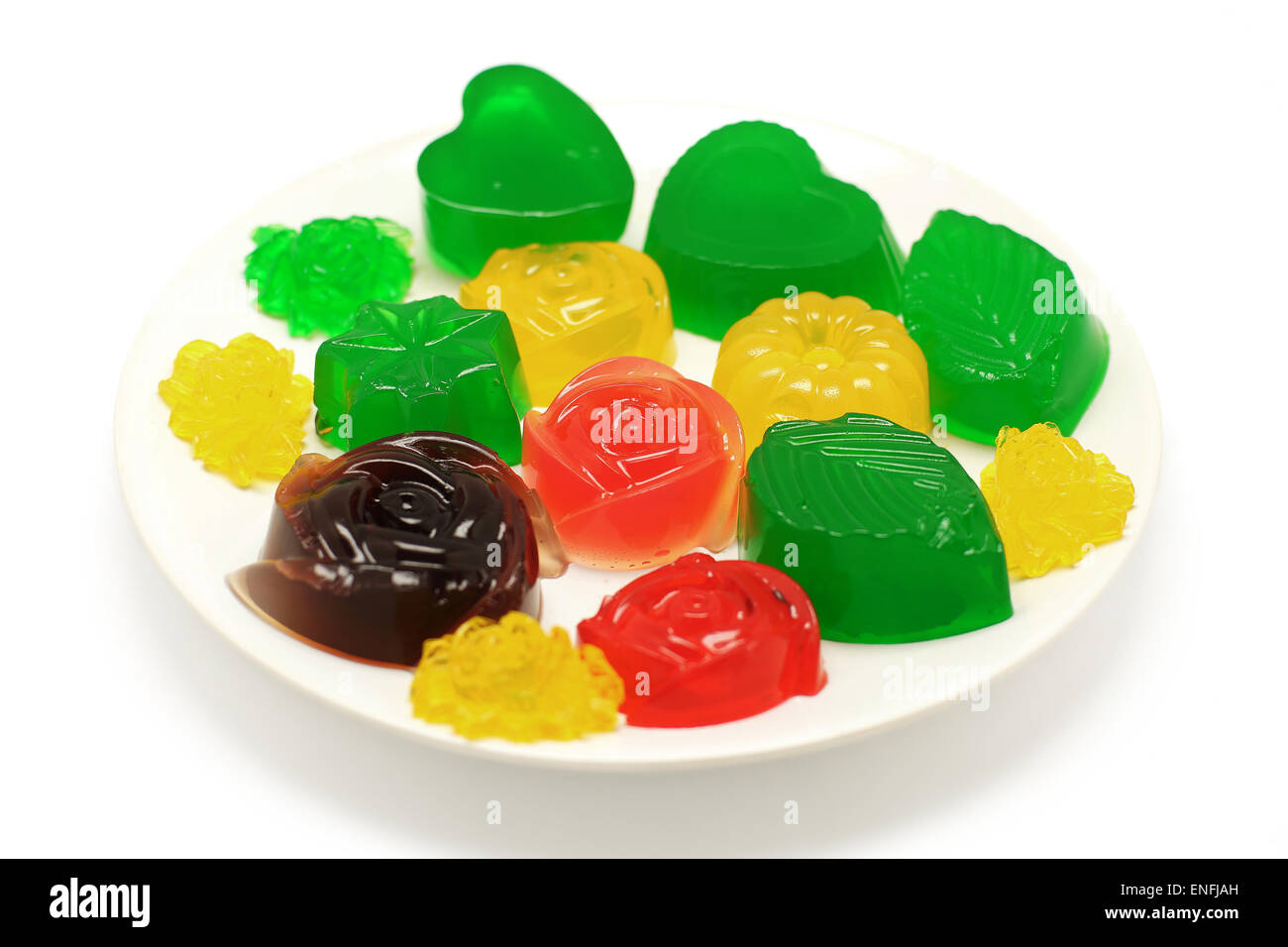 Gelatina colorata o jelly dessert isolati su sfondo bianco Foto Stock