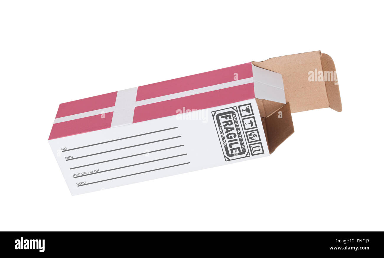 Concetto di esportazione, aperto cassetta della carta - prodotto della Danimarca Foto Stock