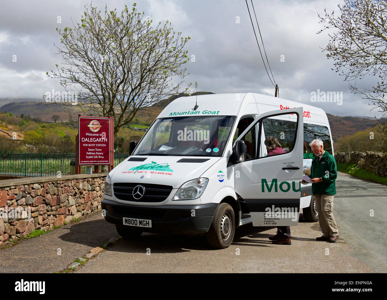 Capre di montagna servizio bus stazione Dalegarth, Boot, Eskdale, Parco Nazionale del Distretto dei Laghi, Cumbria, England Regno Unito Foto Stock
