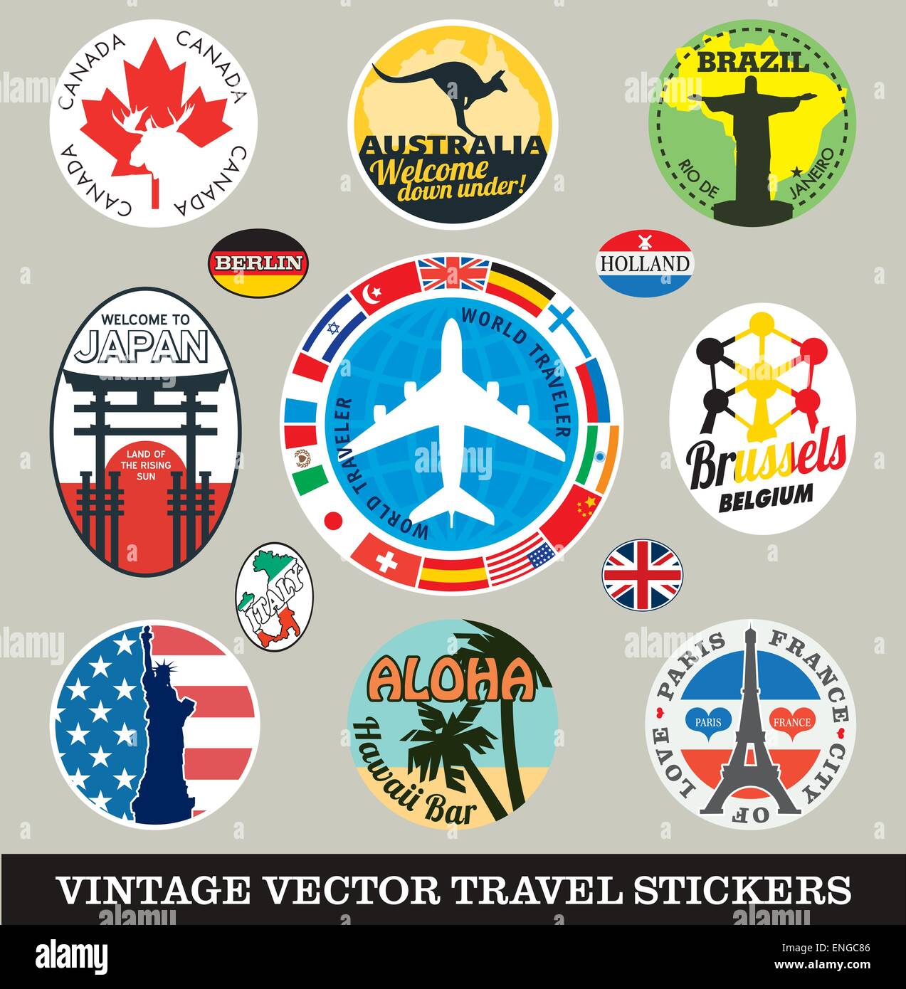 Set di immagini vettoriali vintage di adesivi di viaggio Illustrazione Vettoriale